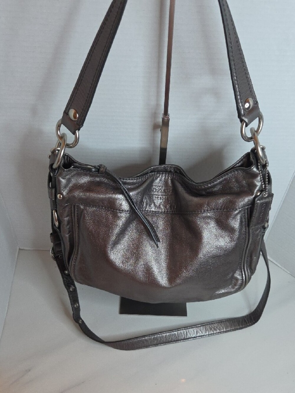 Coach Metallic Pewter Leather Shoulder Bag - Picture 4 of 11